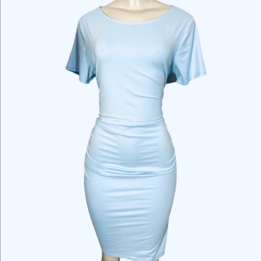 Pinkblush Powder Blue BodyCon Ruched Dress Midi Style Stretch‎ Size Small